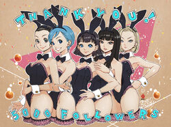 5girls absurdres alternate_costume android_18 animal_ears arms_around_waist bare_arms bare_legs bare_shoulders black_bow black_bowtie black_eyes black_hair black_leotard blonde_hair blue_eyes blue_hair blunt_bangs bow bowtie breasts bulma_(bunny) bulma_briefs chi-chi_(dragon_ball) chichi cleavage clenched_hand closed_mouth cropped_legs detached_collar dragon_ball dragon_ball_(classic) dragon_ball_super dragon_ball_z earrings english_text fake_animal_ears frilled_leotard frills frown grin hair_bun hair_slicked_back hand_on_own_hip highres hug hug_from_behind jewelry kanchiyo large_breasts leotard lips long_hair looking_at_viewer mai_(dragon_ball) medium_breasts milestone_celebration multiple_girls naughty_face neck parted_lips playboy_bunny rabbit_ears rabbit_tail serious short_hair smile standing straight_hair strapless strapless_leotard stud_earrings thank_you videl yuri rating:Explicit score:96 user:Hylian_r34