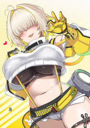 :3 ahoge aoimanabu blonde_hair blush booty_shorts cute_fang elegg_(nikke) eyes_covered female female_only gloves goddess_of_victory:_nikke hair_over_eyes heart navel short_shorts shorts steam suspenders tagme thigh_strap two_tone_hair underboob rating:Explicit score:81 user:MKDragon89