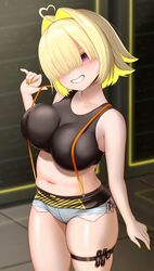 1girls ahoge belly belly_button blonde_hair blush elegg_(nikke) female_only fully_clothed goddess_of_victory:_nikke grin hair_over_eye large_breasts midriff purple_eyes thighs tight_clothing rating:Questionable score:34 user:Erfbng