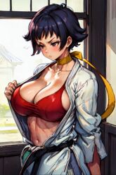 1girls abs ai_generated bangs big_breasts black_belt black_hair breasts capcom cleavage female female_only gi indoors inside karate_gi large_breasts looking_away makoto_(street_fighter) midriff muscular navel neck_ribbon nervous open_clothes opening_shirt pout revealing_clothes short_hair sideboob solo sports_bra stable_diffusion street_fighter street_fighter_iii street_fighter_iii:_3rd_strike tampopo tomboy toned toned_female rating:Questionable score:47 user:Tampopo