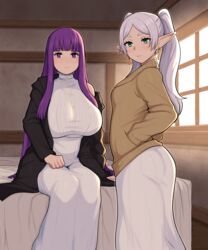 2girls afrobull ass breast_size_difference breasts bubble_butt elf elf_ears elf_female female female_only fern_(sousou_no_frieren) frieren green_eyes hi_res huge_breasts indoors large_ass long_hair no_nude purple_eyes purple_hair ready_for_sex ready_to_fuck size_difference small_breasts sousou_no_frieren tight_clothing twintails white_hair rating:Questionable score:237 user:Aeolus_HX