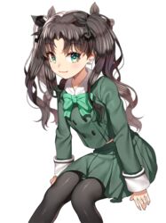  black_hair black_pantyhose commentary fate/zero fate_(series) female green_eyes hair_ribbon long_hair pantyhose ribbon ruhee school_uniform simple_background smile solo symbol-only_commentary tohsaka_rin two_side_up yatsushirodai_elementary_school_uniform  rating:safe score: user:bot