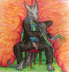 4_toes aeveirra anthro barefoot chair clarinet claws color dragon front_view horns instrument male male_only necktie penis scalie sitting solo suit traditional_media rating:Questionable score:2 user:Aeveirra