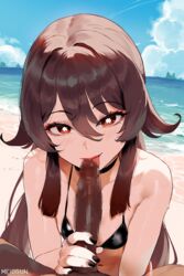 1boy 1girls ai_generated anus ass big_breasts big_penis bikini blowjob breasts brown_hair censored dark-skinned_male female genshin_impact hu_tao_(genshin_impact) huge_breasts meiogun mosaic_censoring smile spread_ass thiccwithaq_(ai_style) rating:Explicit score:112 user:YoruichiMMD