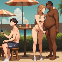 aamak_rith ai_generated ball_fondling beach cheating dark-skinned_male fat_man handjob public sword_art_online yuuki_asuna rating:Explicit score:61 user:Aamak_Rith