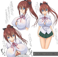 aebafuti blue_eyes blush breasts brown_hair bursting_breasts cleavage erect_nipples female hair_ribbon highres huge_breasts long_hair looking_at_viewer male open_mouth original paizuri perpendicular_paizuri ponytail see-through skirt smile solo_focus standing straight text tied_hair translation_request white_background rating:Explicit score:87 user:bot