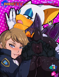 anus bat biting_lip blue_eyes brown_hair duo ear_piercing eyeshadow female gloves human interspecies looking_at_viewer looking_back makeup mammal piercing puffy_anus pussy rouge_the_bat sega shadman short_hair sonic_(series) sonic_x spazkid sweat topaz_(sonic_the_hedgehog) wings rating:Explicit score:246 user:bot