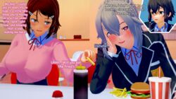 3d asada_shino black_hair brown_hair cafeteria comic eydis_synthesis_ten fantasizing futanari koikatsu lisbeth lovac22 school_uniform schoolgirl shinozaki_rika sinon sword_art_online text white_hair rating:Explicit score:3 user:lovac22