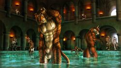 2015 abs absurdres anthro ass bath bathhouse biceps big_muscles canine cervine closed_eyes deer dream_and_nightmare feline fox fully_sheathed fur furry highres interspecies lion male male_only mammal muscles nipples nude partially_submerged pecs pool roman sheath testicles tiger washing water wolf rating:Explicit score:12 user:bot