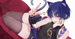 1boy blue_hair blush cat_ears cat_tail catboy chobonu femboy genshin_impact girly looking_at_viewer male_only male_with_painted_nails nail_polish open_mouth purple_eyes scaramouche_(genshin_impact) shorts solo tagme thick_thighs thighhighs tongue tongue_out twink zettai_ryouiki rating:Questionable score:55 user:Monalicious