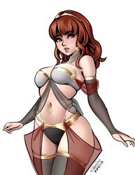  collar female female_only fully_clothed jackarydraws navel_piercing piercing red_eyes red_hair revealing_clothes skimpy_clothes skindentation stockings  rating:explicit score: user:superwiesel