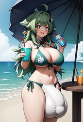  1futa ai_generated beach big_balls big_breasts big_penis bikini bulge civitai clothed drinks flaccid full-package_futanari futa_only futanari happy honkai:_star_rail huge_balls huge_breasts huge_bulge huohuo_(honkai:_star_rail) looking_at_viewer mizuiro01 solo solo_futa solo_futanari  rating:explicit score: user:mizuiro_