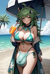  1futa ai_generated beach big_balls big_breasts big_penis bikini bulge civitai clothed drinks flaccid full-package_futanari futa_only futanari happy honkai:_star_rail huge_balls huge_breasts huge_bulge huohuo_(honkai:_star_rail) looking_at_viewer mizuiro01 solo solo_futa solo_futanari  rating:explicit score: user:mizuiro_