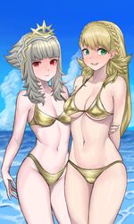 2girls alternate_costume alternate_hairstyle bangs bare_midriff bare_thighs bikini blonde_hair braid breasts cleavage female female_only fire_emblem fire_emblem_heroes gold_bikini gold_swimsuit green_eyes grey_hair long_hair medium_breasts midriff multiple_girls nintendo ocean official_alternate_hairstyle outdoors pocari66 princess red_eyes royalty sharena_(fire_emblem) short_hair sidelocks small_breasts swimsuit thighs underboob veronica_(fire_emblem) veronica_(princess_rising)_(fire_emblem) yellow_bikini yellow_hair yellow_swimsuit rating:Questionable score:39 user:kris923