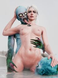 bath bathing breasts ciri closed_eyes completely_nude drowner female interspecies light-skinned_female mascara mascara_tears monster nipples nude pussy scar the_witcher_(series) the_witcher_3:_wild_hunt white_hair witcher_medallion witcherres rating:Explicit score:28 user:Kelpie_AI