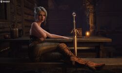 ass breasts ciri clothing female green_eyes light-skinned_female looking_at_viewer missally scar solo sword the_witcher_(series) the_witcher_3:_wild_hunt white_hair rating:Explicit score:23 user:Kelpie_AI