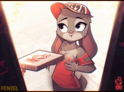  anthro clothing disney female flashing food grey_fur hat headgear headwear hi_res judy_hopps lagomorph leporid mammal one_breast_out penzel pizza pizza_box pizza_delivery presenting_breast rabbit zootopia  rating:explicit score: user:bot