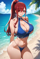  ai_generated beach bikini bombacopta brown_eyes erza_scarlet fairy_tail holding_breast huge_breasts ponytail red_hair thick_thighs  rating:explicit score: user:badeagle43