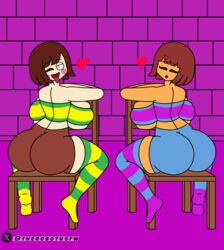  big_ass big_breasts brown_skin chair chara_(undertale) frisk_(undertale) long_socks nsfw_un posing short_clothes sitting therobotnsfw thick_thighs thighs two_girls undertale white_skin  rating:questionable score: user:therobotnsfw