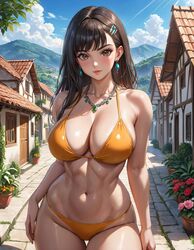  1girls ai_generated big_breasts bikini black_hair brown_eyes fbps35 huge_breasts narrow_waist original shiny_skin sky thick_thighs village wide_hips  rating:explicit score: user:fbps35