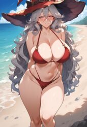  ai_generated beach bombacopta grey_hair huge_breasts long_hair magisa_(granblue_fantasy) milf pink_eyes red_bikini thick_thighs witch_hat  rating:explicit score: user:badeagle43