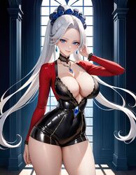  ai_generated blue_eyes breasts earrings fbps35 female huge_breasts necklace ponytails shorts thick_thighs white_hair window  rating:explicit score: user:fbps35