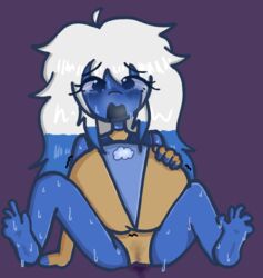  blue-skinned_female blue_hair dark_blue_skin feet feet_up gem gem_(species) gemsona holding_stomach lazurite_(muffiqute_verse) muffiqute_verse pregnant pregnant_belly pussy_juice pussy_wet sweat sweating tears tears_of_pain tears_of_pleasure toasterwire trembling wet_pussy white_hair  rating:explicit score: user:toasterwire