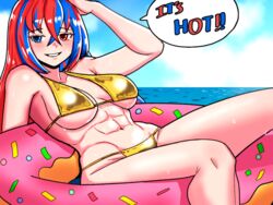 1girls abs alear_(female)_(fire_emblem) alear_(fire_emblem) alternate_costume bikini blue_eyes blue_hair breasts crossed_bangs doughnut doughnut_innertube english_text female female female_only fire_emblem fire_emblem_engage food gold_bikini gold_swimsuit heterochromia large_breasts mnejing multicolored_hair nintendo ocean red_eyes red_hair solo speech_bubble split-color_hair swimsuit text two-tone_hair yellow_bikini yellow_swimsuit rating:Questionable score:7 user:kris923