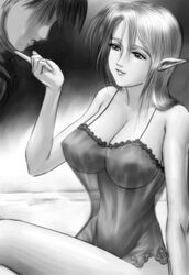  chin_stroking couple elf lowres nightgown pointy_ears s_zenith_lee see-through  rating:questionable score: user:bot