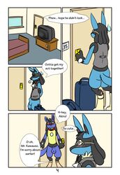 akiru01 akiru_cario anthro balls bed blood blush canine collar comic door english_text eyewear glasses green_eyes kaptcha looking_at_viewer lucario male male_only mammal nintendo nosebleed pokemon red_eyes sheath socks tachikawa television text vest video_games rating:Explicit score:0 user:bot