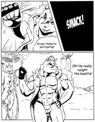 a-side anthro bandit bound bulge canine clothing comic fight fur furry humor jockstrap male male_only mammal monochrome nude text tied_up underwear wolf rating:Explicit score:0 user:bot