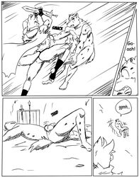 a-side anthro bandit bulge canine cat clothing comic feline fight fur furry jockstrap male male_only mammal penis sword text underwear weapon wolf rating:Explicit score:1 user:bot