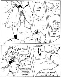 a-side anthro bandit bulge canine cat clothing comic feline fight fur furry humor jockstrap male male_only mammal penis text underwear wolf rating:Explicit score:0 user:bot