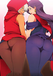 2girls ass battle_tendency big_ass big_butt breasts bubble_butt cameltoe censored dark_skin earrings from_behind green_eyes gureko_rouman highres hood jojo's_bizarre_adventure leggings legs lisa_lisa long_hair looking_back mariah_(jjba) multiple_girls pantyhose purple_hair pussy scarf short_hair simple_background skirt stardust_crusaders thighs white_hair yellow_eyes rating:Explicit score:413 user:bot