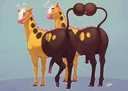 animal_genitalia anus balls blue_eyes blush closed_eyes duo erection feral full-length_portrait full_length girafarig horsecock kissing male nintendo penis pokemon portrait rajii solo standing video_games yaoi rating:Explicit score:42 user:bot