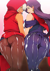 2girls after_sex ass battle_tendency breasts censored cum cum_on_ass cum_on_lower_body dark_skin earrings from_behind green_eyes gureko_rouman highres hood jojo's_bizarre_adventure legs lisa_lisa long_hair looking_back mariah_(jjba) milf multiple_girls pantyhose purple_hair pussy short_hair simple_background stardust_crusaders thighs white_hair yellow_eyes rating:Explicit score:197 user:bot