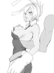 2015 alternate_costume battle_bunny_riven blush breast_grab breasts bunny_ears bunnysuit female greyscale kumiko_(aleron) league_of_legends monochrome nipples no_bra pantyhose riven sideboob solo_focus rating:Explicit score:39 user:ocke