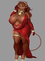 breasts cleavage corruption_of_champions cow_girl cowbell curvy dark-skinned_female dark_skin dress drill_hair earrings elbow_gloves excellia_(corruption_of_champions) fat female female_minotaur gloves horns huge_breasts ketsuga long_hair minotaur monster_girl navel necklace overweight partially_clothed pointy_ears red_hair skindentation slightly_chubby smile solo standing tail tattoo thigh_strap two_tone_hair yellow_eyes rating:Questionable score:98 user:chooped