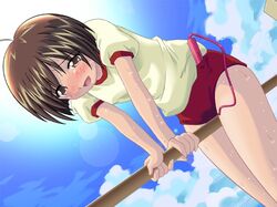 blush brown_eyes brown_hair buruma calling_(nigred) clothed_masturbation clothing cloud crotch_rub discreet_vibrator dutch_angle game_cg gym_uniform lens_flare masturbation open_mouth public_vibrator short_hair sky sweat vibrator rating:Explicit score:40 user:bot