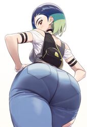  ai-generated ass ass_focus back bad_id bad_twitter_id bare_shoulders black_choker blue_hair bob_cut breasts brown_eyes choker crop_top denim female from_below gradient_hair grey_shirt hands_on_own_hips highres jeans kyobashi_haruka loose_hair_strand medium_breasts multicolored_hair pants pantylines perrin_(pokemon) pokemon pokemon_sv ribbed_shirt shirt sleeveless solo undershirt watch white_background wristwatch  rating:safe score: user:bot