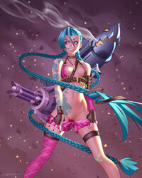 1girls bare_shoulders blue_hair braid breasts bullet embers erotibot female female_only fingerless_gloves gloves grin highres jewelry jinx_(league_of_legends) league_of_legends long_hair navel necklace nipple_slip nipples pink_eyes pussy shorts shorts_pull signature single_thighhigh smile smoke solo steam sweat tattoo thighhighs twin_braids uncensored very_long_hair weapon rating:Explicit score:199 user:bot