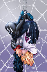 2015 2girls ass big_ass big_butt black_hair blonde_hair blue_eyes blush bodysuit brown_eyes cindy_moon darkereve edge_of_spider-verse female female_only gwen_stacy hairband hood human human_only light-skinned_female light_skin long_hair marvel short_hair silk silk_(marvel) spandex spider-gwen spider-man_(series) suspension tight_clothes tight_clothing upside-down yuri rating:Safe score:407 user:chooped