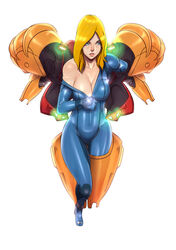 anklet armor blonde_hair blue_eyes bodysuit breasts cleavage female female_only from_above highres human john_doe large_breasts long_hair metroid nintendo samus_aran shiny shiny_clothes simple_background skin_tight solo standing undressing unzipped unzipped_bodysuit unzipped_zero_suit unzipping zero_suit zero_suit_samus rating:Questionable score:95 user:orbitjewel