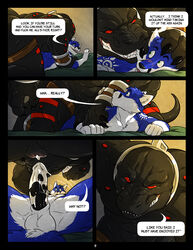 2015 anthro anus balls black_penis blush canine collar comic dinosaur english_text fox furry furry_only hi_res male mammal nik_(sonicfox) nox_(sonicfox) nude penis power_bottom size_difference text tyrannosaurus_rex wfa wolf yaoi rating:Explicit score:22 user:bot