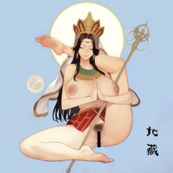  1girls big_breasts black_hair bottomless buddhism buddhist_mythology censored_pussy chinese_text closed_eyes cthulhu_chan exposed_breasts eyeliner female female_only goddess hands_together headpiece ksitigarbha leg_behind_head long_hair skirt staff tagme tagme_(character)  rating:explicit score: user:bot