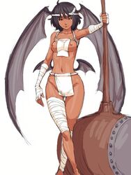 bandage bat_wings black_hair breasts copyright_request cute_fang dark_skin demon_girl fingerless_gloves fumio_(rsqkr) fundoshi gloves grey_eyes hammer head_wings headwings huge_weapon loincloth melee_weapon nipples oversized_object short_hair sketch war_hammer weapon wings rating:Explicit score:57 user:bot