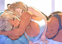 2girls abs bed blonde_hair blue_eyes breasts brown_hair cleavage closed_eyes dark-skinned_female dark_skin female in_bed jean_shorts large_breasts muscular_female navel on_side original sela_(sela_god) sela_god short_hair shorts sleeping tank_top ursula_(sela_god) wife_and_wife wink yuri rating:Safe score:227 user:chooped