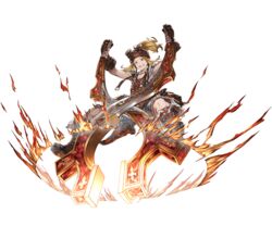  1boy apron bandages bandaid blonde_hair boots brown_hair fire full_body fur_trim gloves goggles goggles_on_head granblue_fantasy jewelry long_hair male_focus minaba_hideo multicolored_hair necklace official_art open_mouth orange_eyes ponytail solo star_(symbol) teeth transparent_background two-tone_hair viceroy  rating:safe score: user:bot