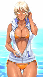 1girls abs bikini blonde_hair breasts cleavage dark-skinned_female female female_only highres huge_breasts jacket large_breasts micro_bikini muscular_female navel open_clothes open_jacket original sela_(sela_god) sela_god shiny shiny_skin short_hair side-tie_bikini solo string_bikini swimsuit thigh_gap thighs wallpaper water wet yellow_eyes rating:Safe score:184 user:Lunacy