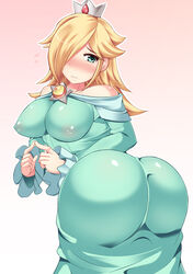 1girls aqua_eyes arched_back ass back_view bare_shoulders big_ass blonde_hair blue_eyes blush body_blush bouncing_breasts breasts bubble_ass bubble_butt busty cleavage clothed clothes crown dat_ass dress earrings erect_nipples female female_only from_behind gown hair hair_over_one_eye hisui_(stapspats) hourglass_figure huge_ass human impossible_clothes impossible_dress jewelry large_breasts long_hair looking_back mario_(series) nintendo princess_rosalina see-through simple_background solo stapspats super_mario_galaxy sweat text tight_clothing translation_request voluptuous rating:Questionable score:427 user:Lunacy